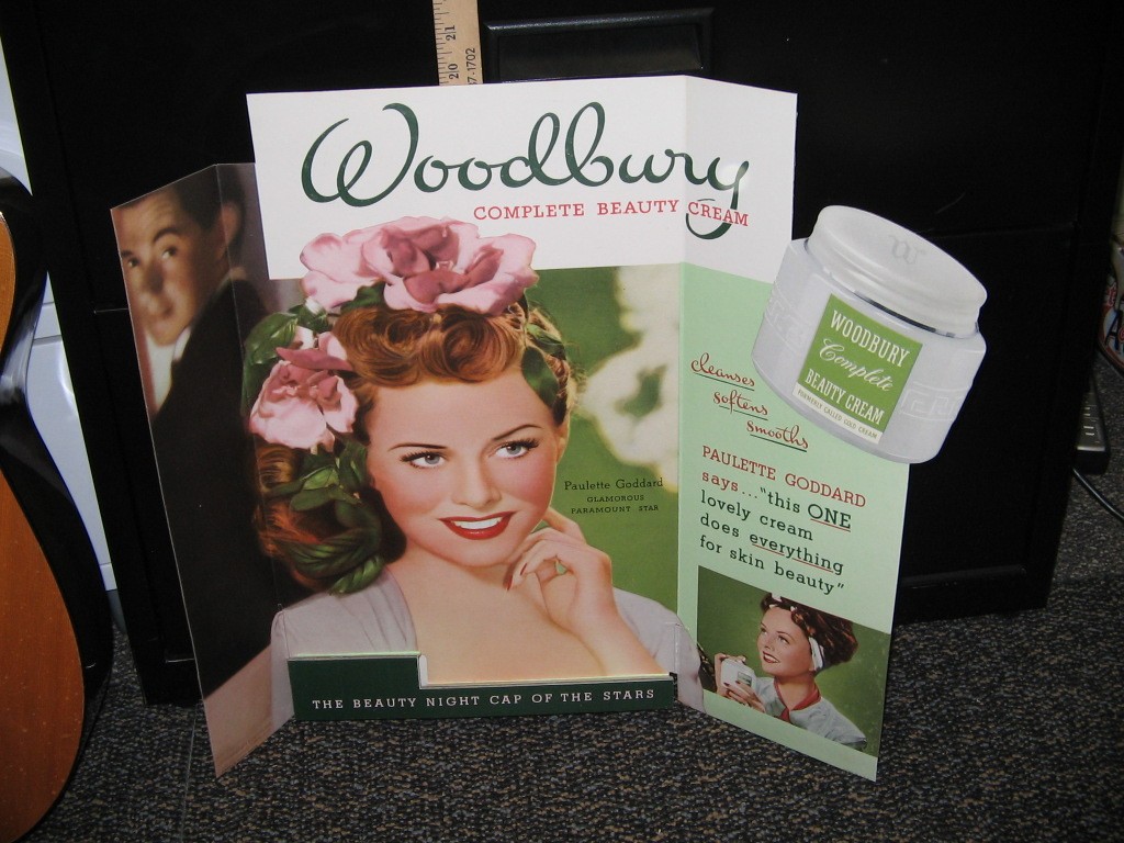 Paulette Goddard 1940s movie photo Woodbury cosmetics cream store display sign Paulette Goddard 1940s movie photo Woodbury cosmetics cream store display sign