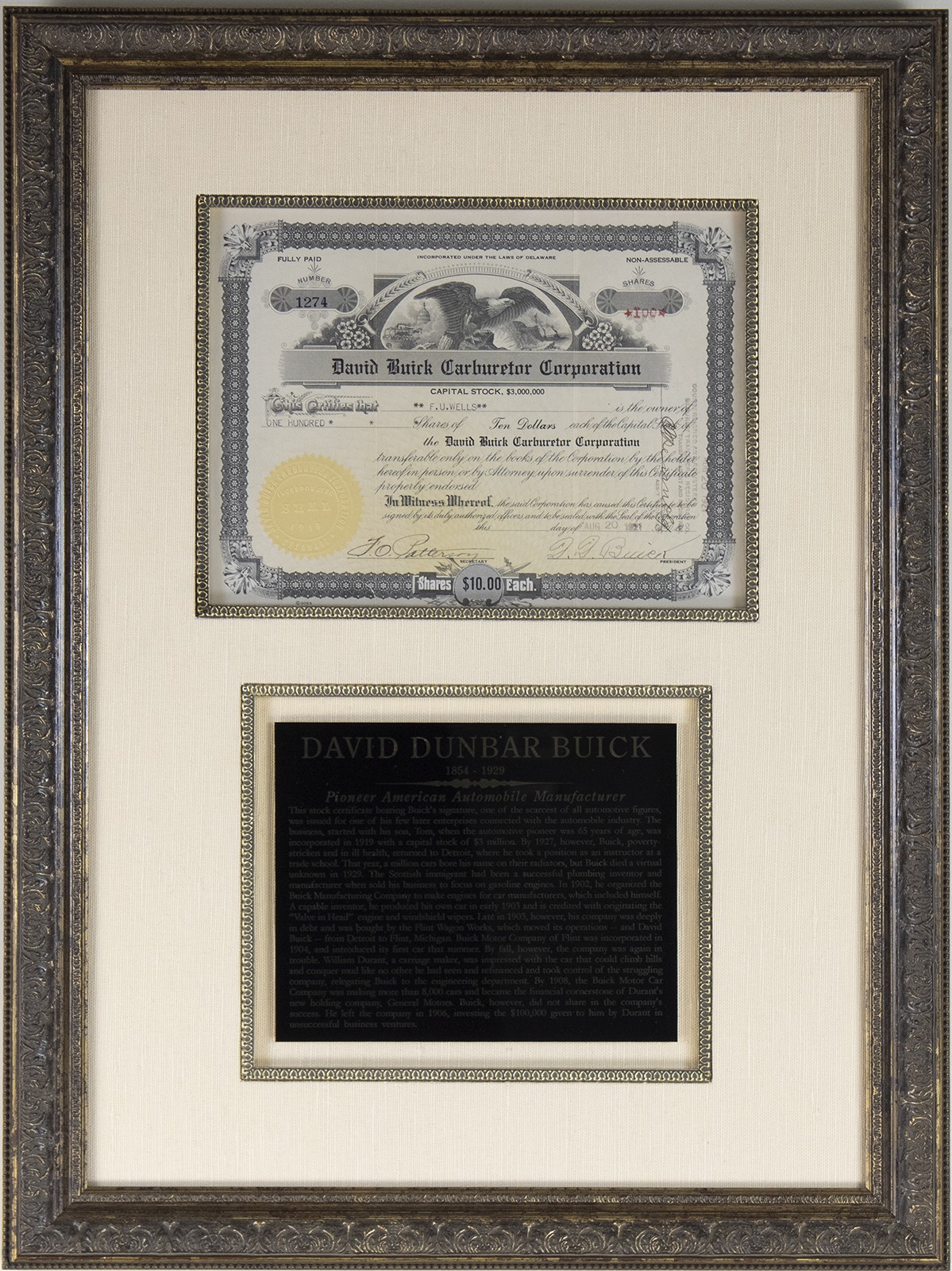 DAVID DUNBAR BUICK - STOCK CERTIFICATE SIGNED 08/20/1921 DAVID DUNBAR BUICK - STOCK CERTIFICATE SIGNED 08/20/1921
