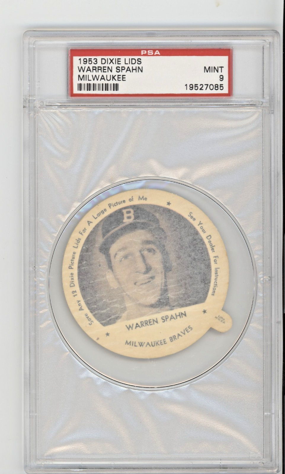 1952 1953 Dixie Lids Warren Spahn Aristocrat Brand PSA MINT 9 Milwaukee Braves