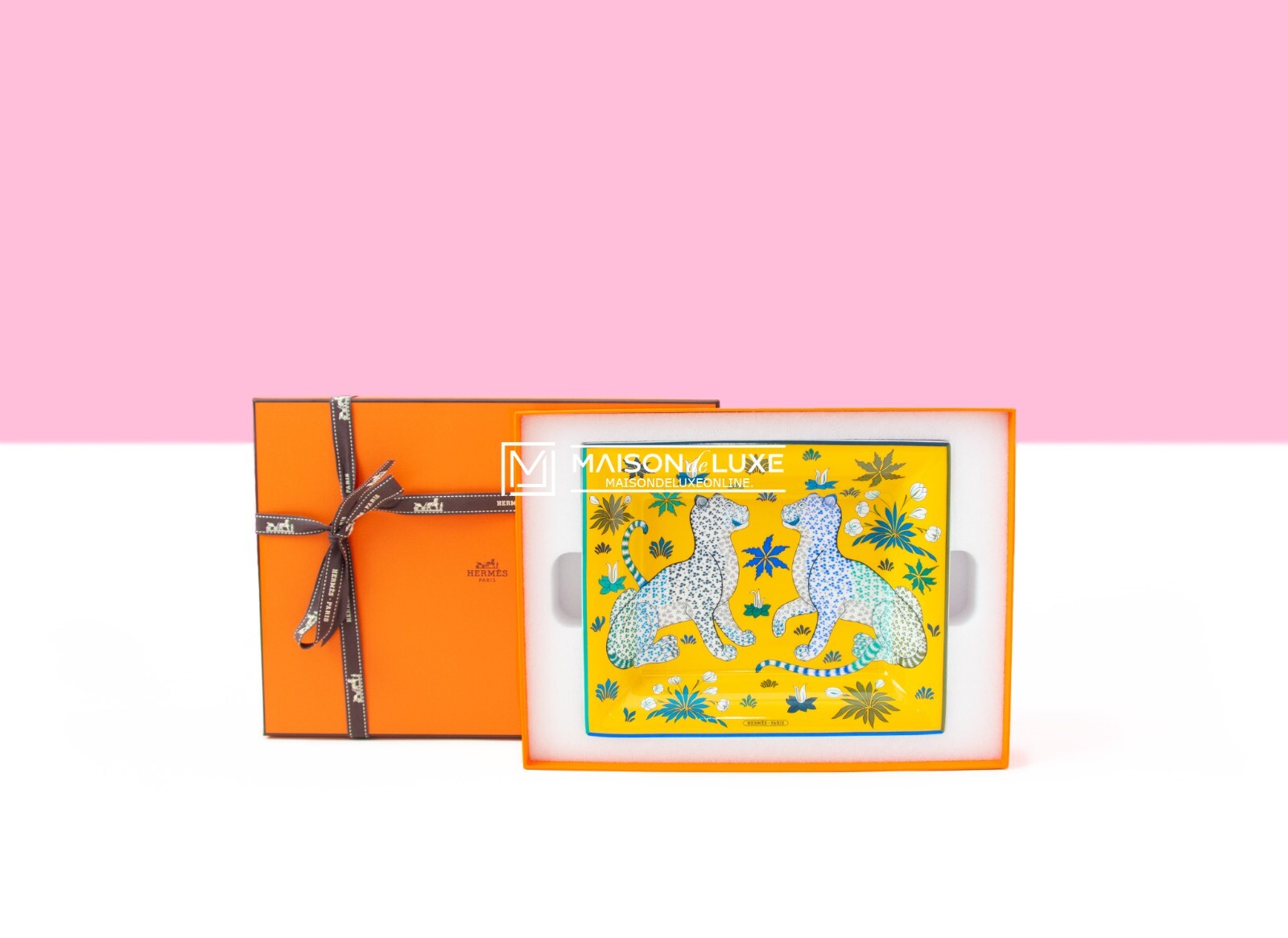 NEW HERMES LES LEOPARDS CHANGE TRAY JAUNE PORCELAIN ASHTRAY CIGAR CHINA HOME