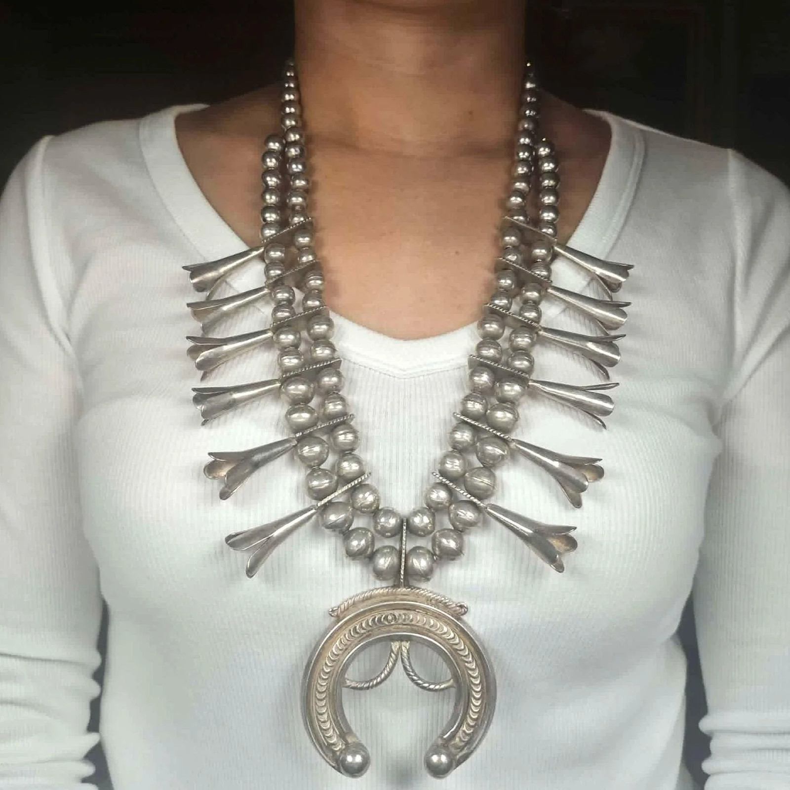 c1920's Antique Navajo Ingot silver squash blossom Necklace with ornate Naja