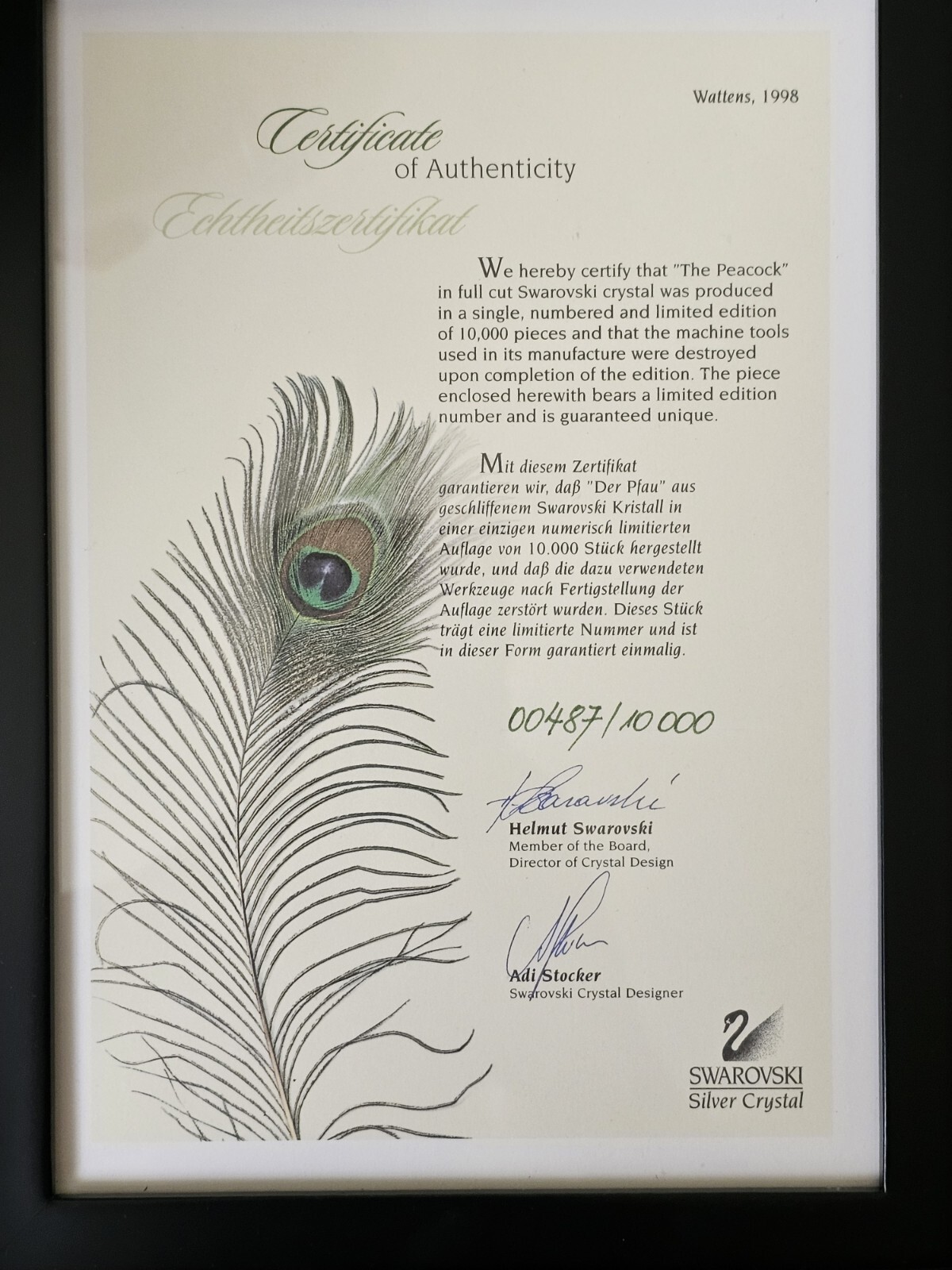 SWAROVSKI SCS 1998 PEACOCK NUMBERED LIMITED EDITION 218123 IN THE CASE PAPERS