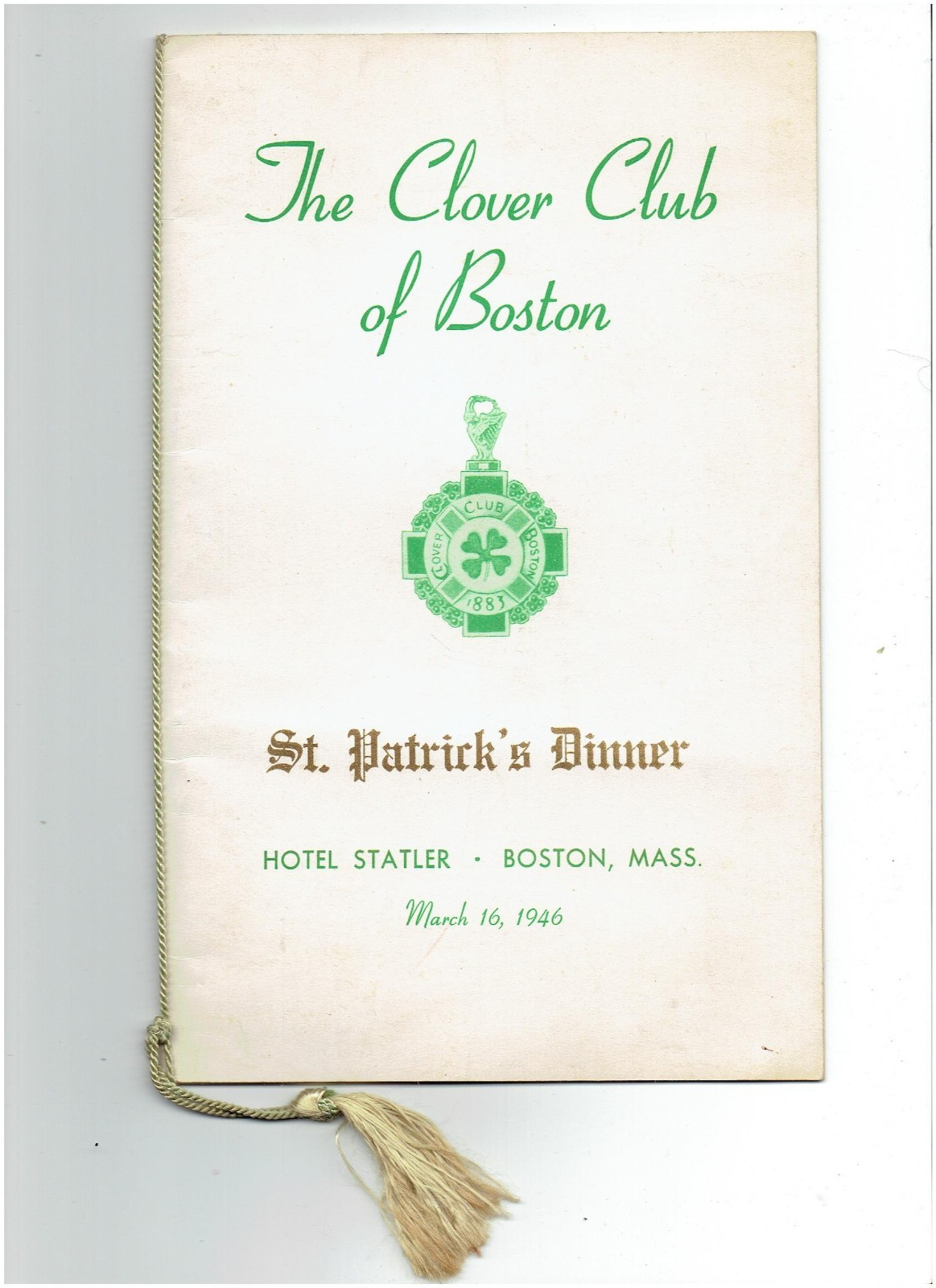 1946 Clover Club Boston Iconic St Patrick's Dinner Hotel Statler Program