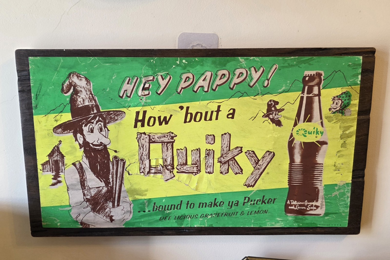 Vtg 1960s Quiky Pappy Soda Advertisement Sign Paper On Plastic Frame. *Read*