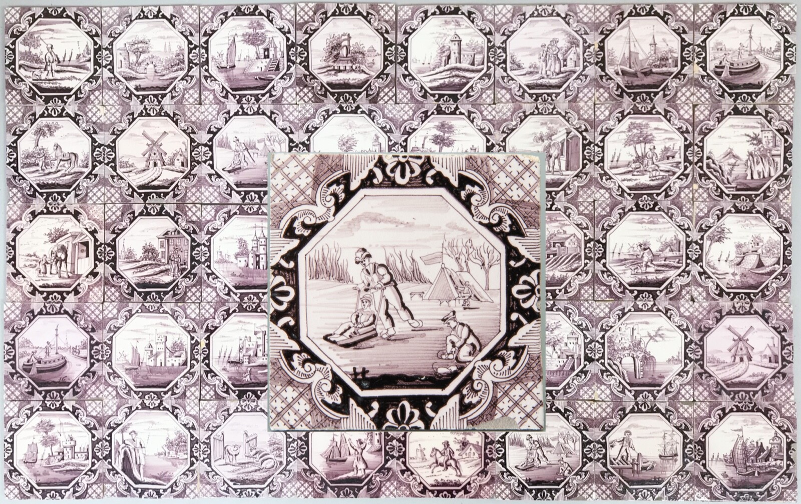 Nice fine field of 40 Dutch Rotterdam manganese tile, landscapes, 18th/19th. ct.