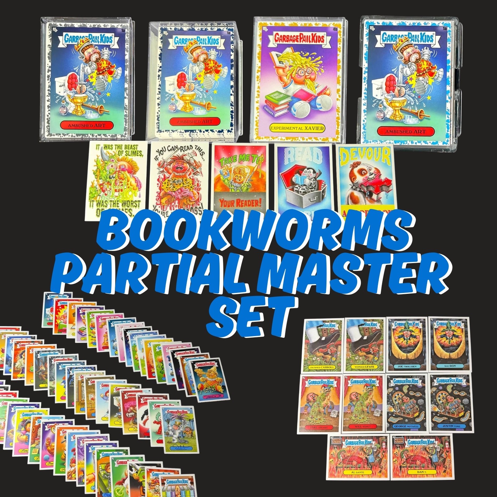 2022 GARBAGE PAIL KIDS BOOKWORMS PARTIAL MASTER SET, GOLD, RED, PATCHES, AUTO CS