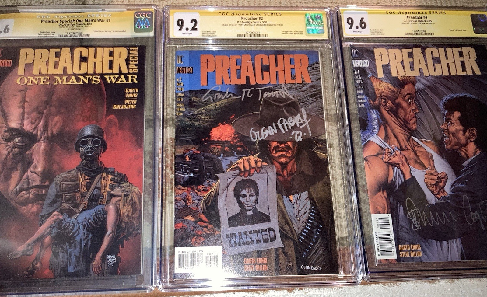 Preacher 1, 2 & 4 Signed Comic Book Lot Dominic Cooper Glenn Fabry Steve Dillon