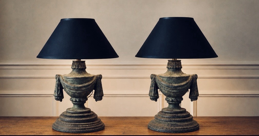 Pair of Hollywood Regency Metal Empire Urn Finial Lamps, 14.5 Pair of Hollywood Regency Metal Empire Urn Finial Lamps, 14.5