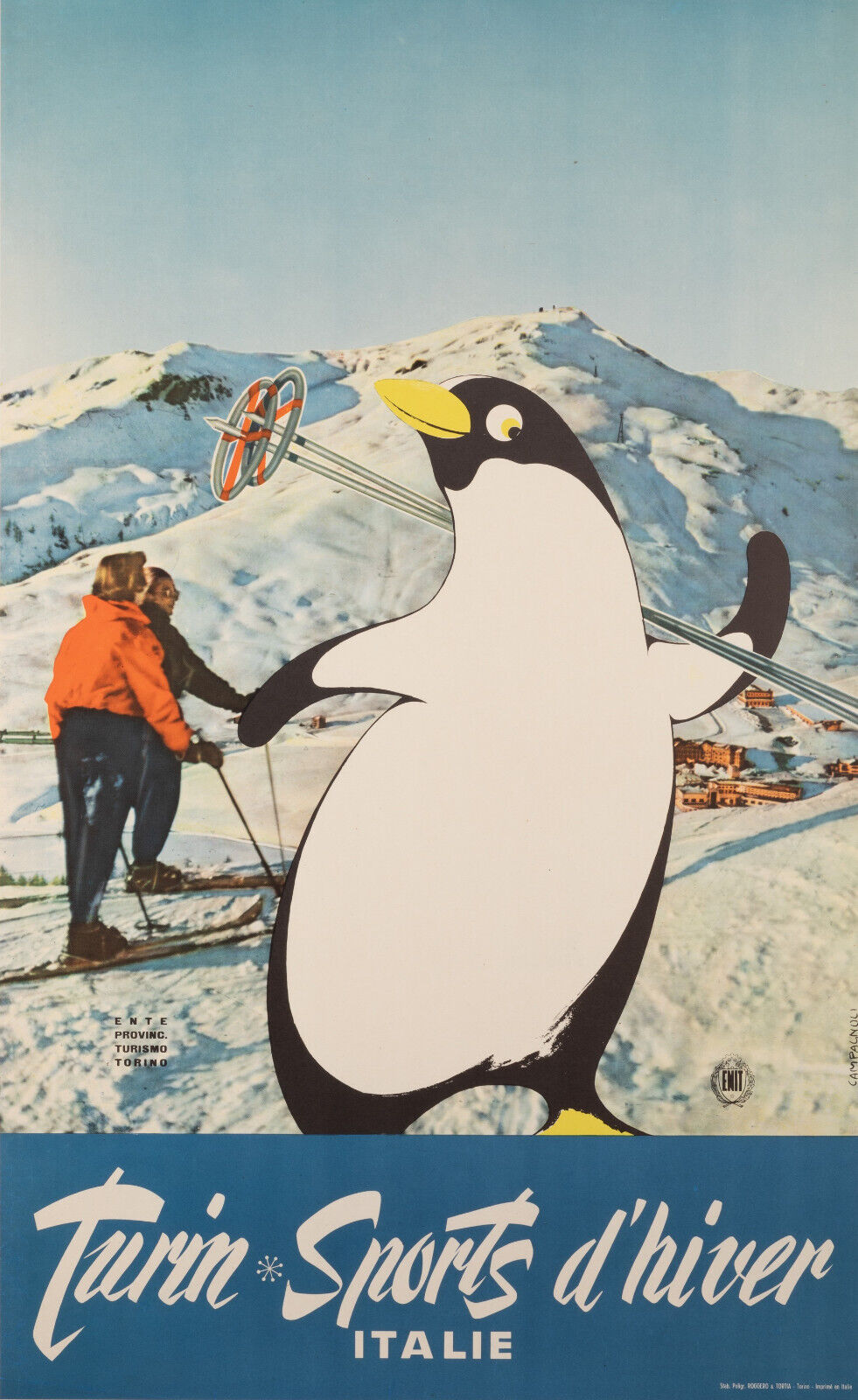 Original poster, Campagnoli, Turin Winter Sports, Italy, Piedmont, Ski, 1955