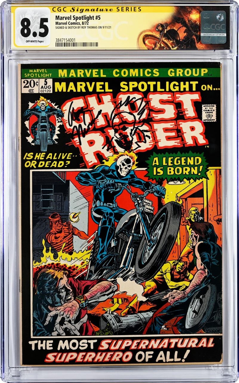 Marvel Spotlight #5 CGC 8.5 1st app of Ghost Rider Signed & Sketch Roy Thomas ๐ธ Marvel Spotlight #5 CGC 8.5 1st app of Ghost Rider Signed & Sketch Roy Thomas ๐ธ