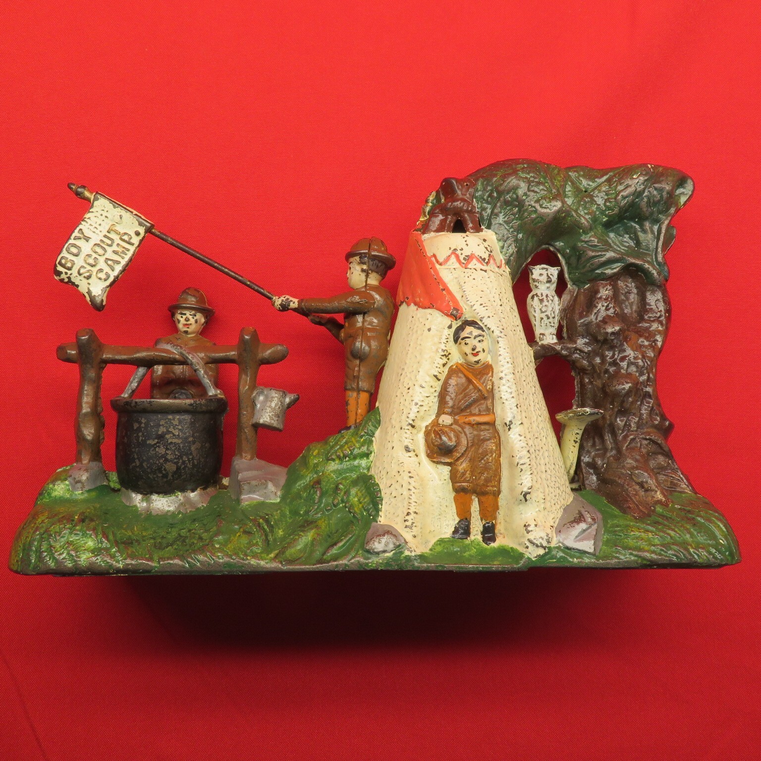 J.E. Stevens Boy Scout Camp Cast Iron Mechanical Bank Circa 1912 - 1915 R2110 J.E. Stevens Boy Scout Camp Cast Iron Mechanical Bank Circa 1912 - 1915 R2110