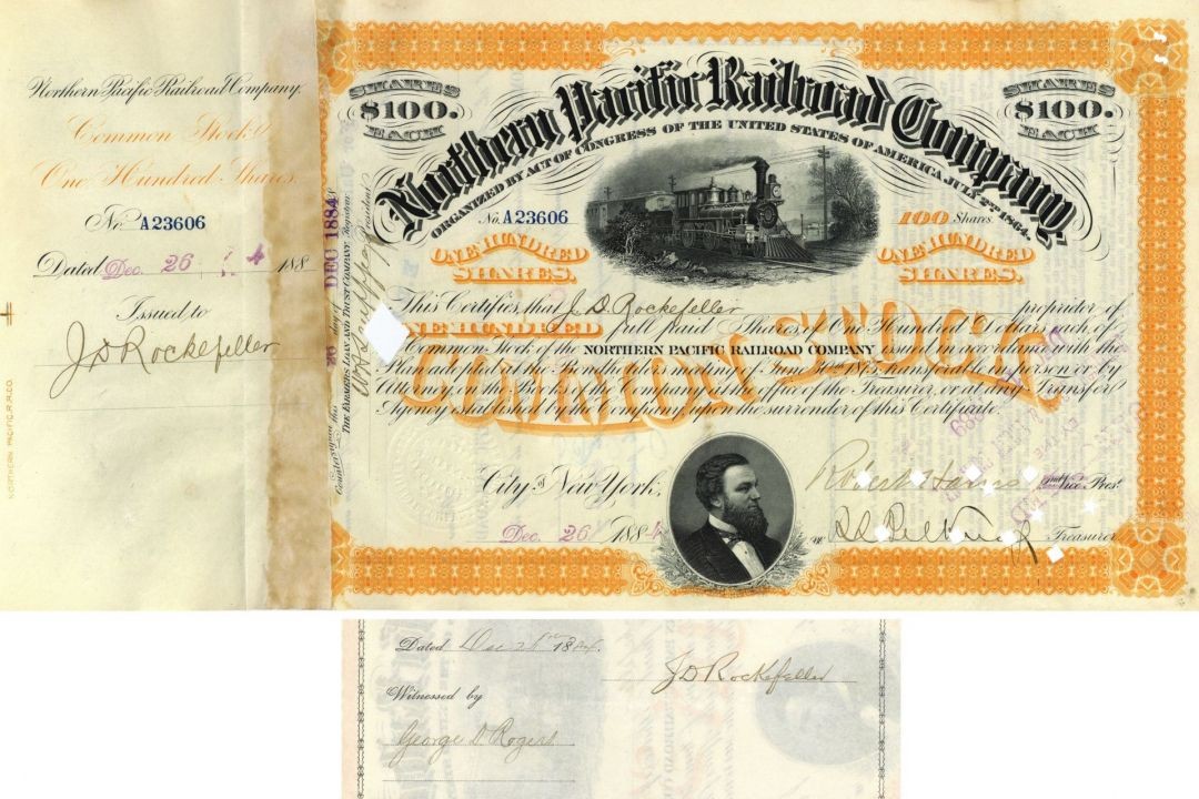 John D. Rockefeller issued to and signed Northern Pacific Railroad Co. - 1884 John D. Rockefeller issued to and signed Northern Pacific Railroad Co. - 1884