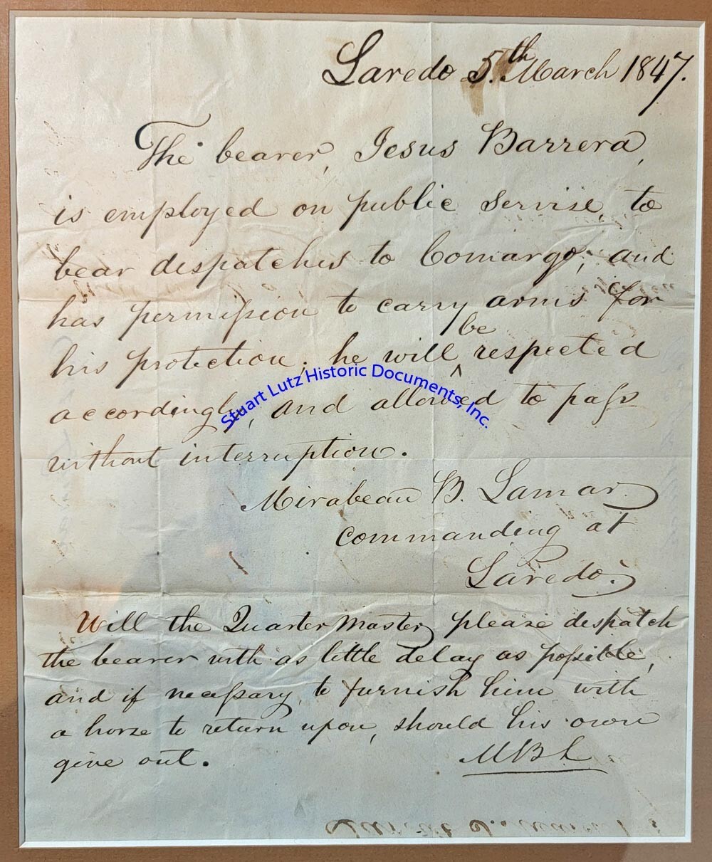 Mirabeau Lamar handwritten letter re Texas & guns from Laredo - 2nd Texas Prez Mirabeau Lamar handwritten letter re Texas & guns from Laredo - 2nd Texas Prez
