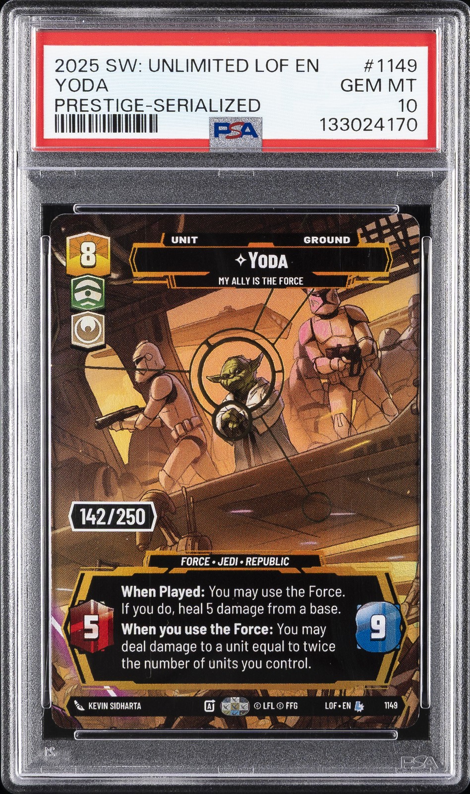 2025 PRESTIGE-SERIALIZED #1149 YODA, MY ALLY IS THE FORCE 142/250 PSA 10