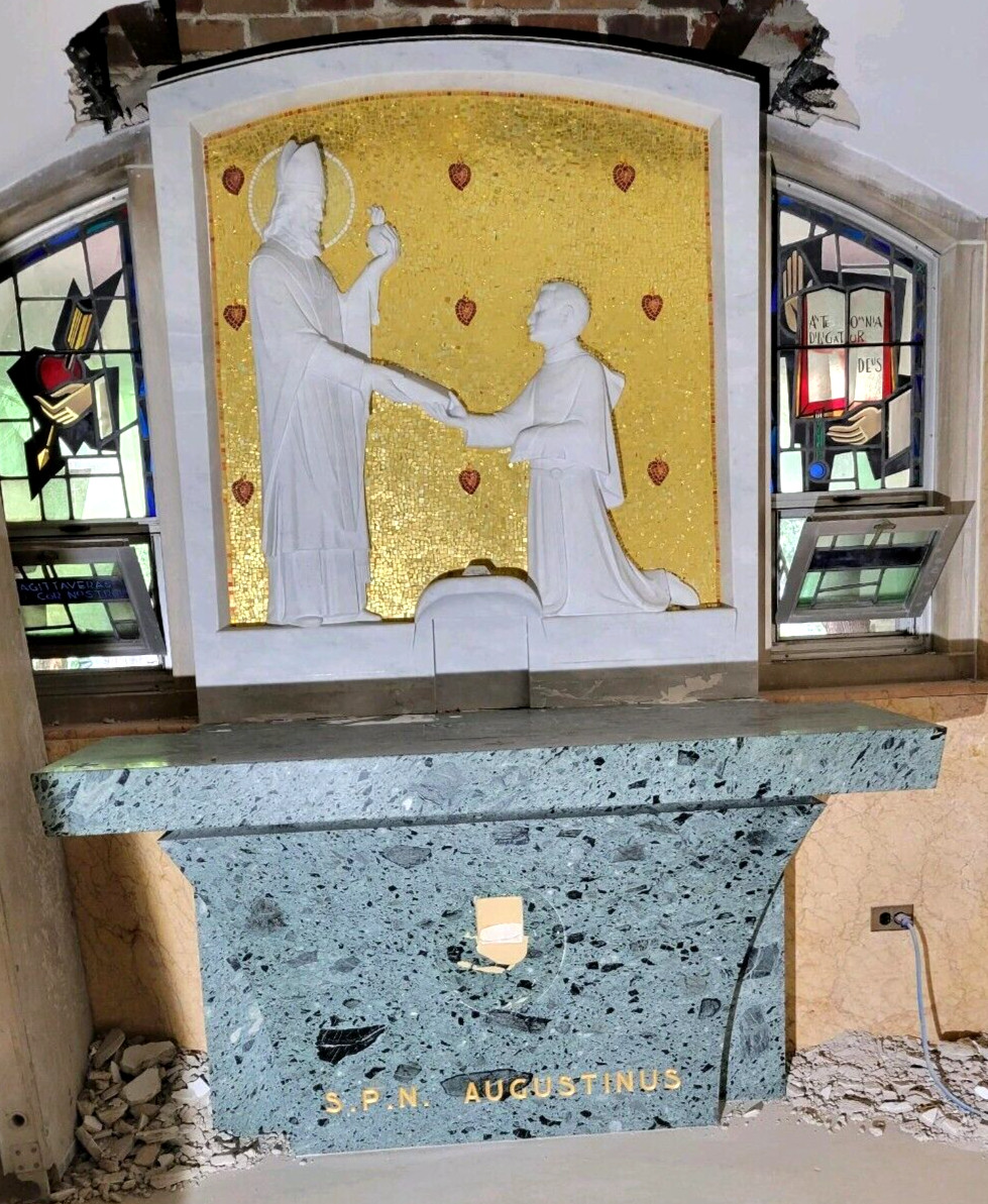 St Augustine Carrara Italian marble with mosaic inlay Church Chapel Altar Shrine St Augustine Carrara Italian marble with mosaic inlay Church Chapel Altar Shrine
