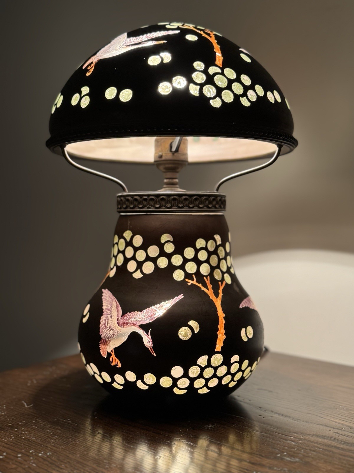 Museum-Grade Reverse-Painted Crane Lamp — Matching Shade & Base —