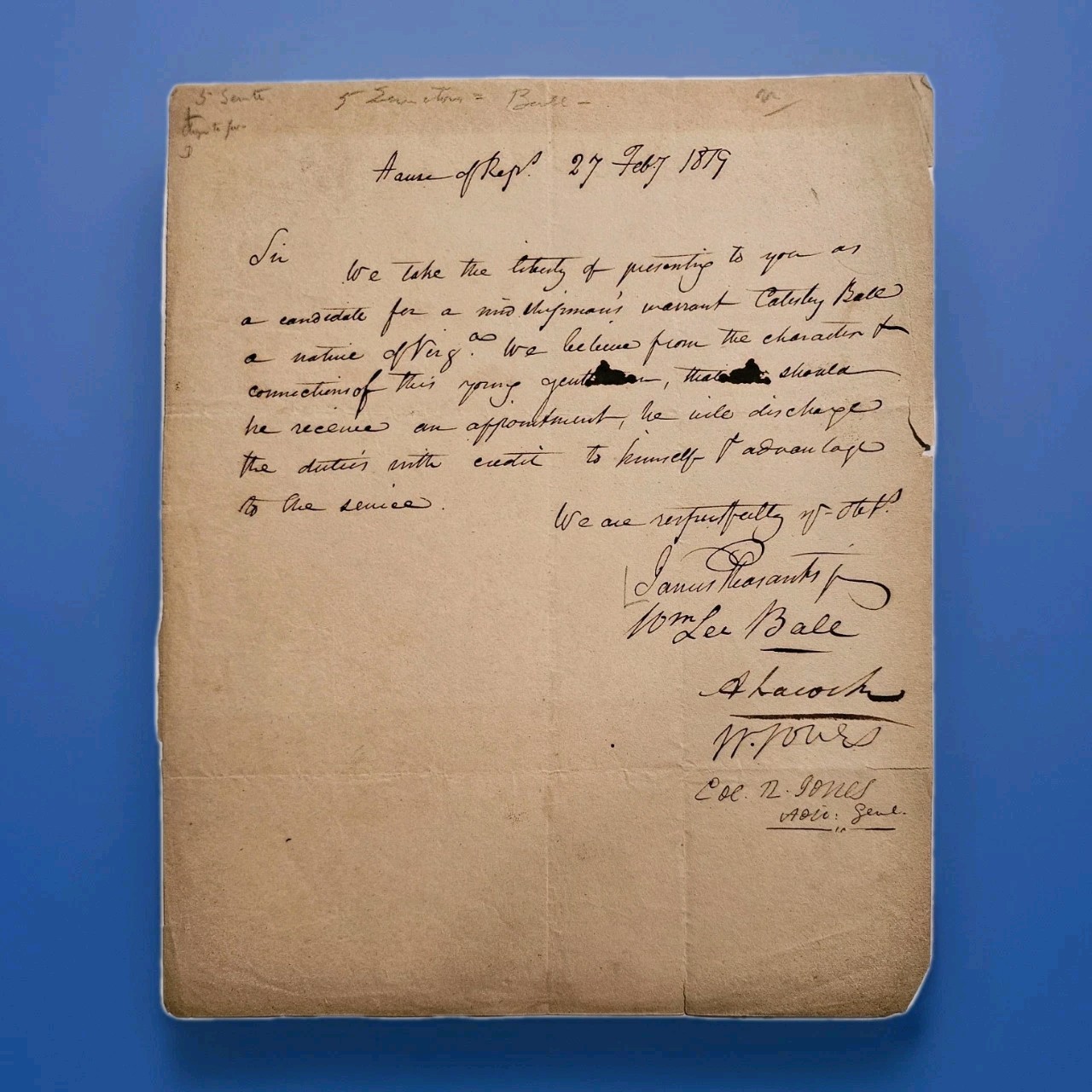 1819 US Navy Midshipman ALS Signed William Lee Ball 2 Senators Sec Navy Wm Jones 1819 US Navy Midshipman ALS Signed William Lee Ball 2 Senators Sec Navy Wm Jones
