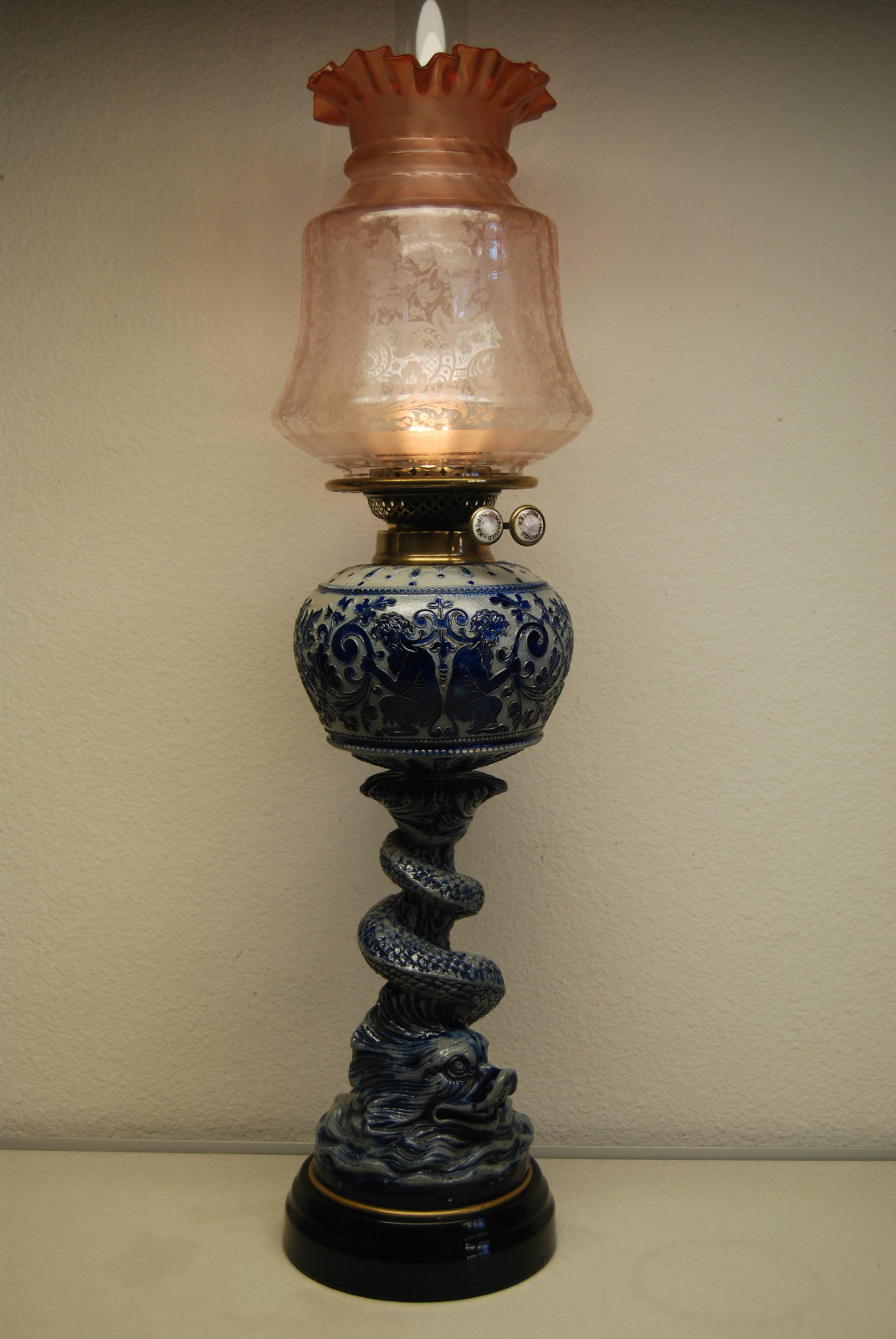 ANTIQUE ENGLISH MAJOLICA SALT GLAZED STONEWARE BLUE SEA MONSTER FIGURAL OIL LAMP