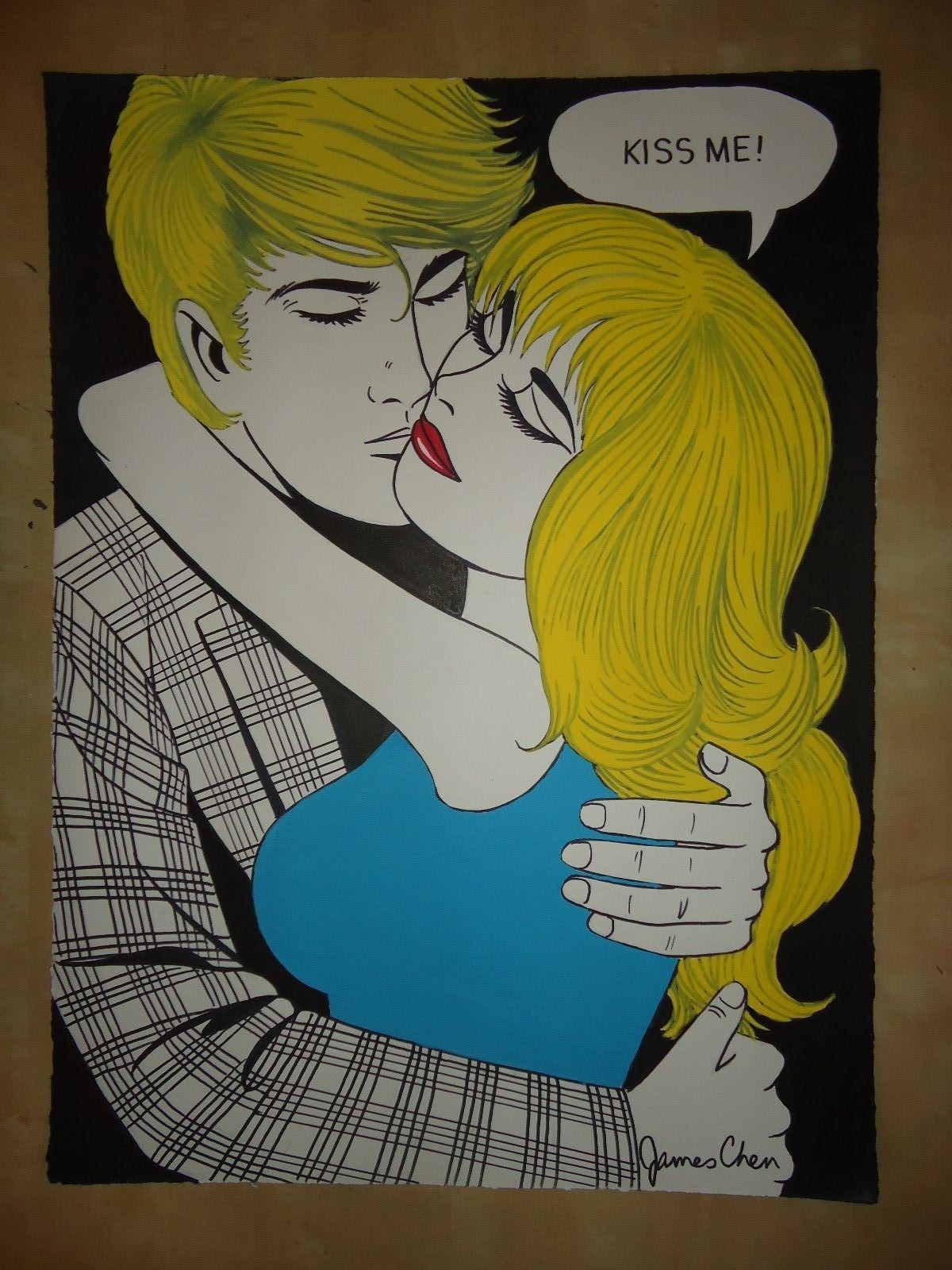 ORIGINAL POP ART WATER COLOR PAINTING  '' KISS ME '' BY COMIC ARTIST JAMES CHEN
