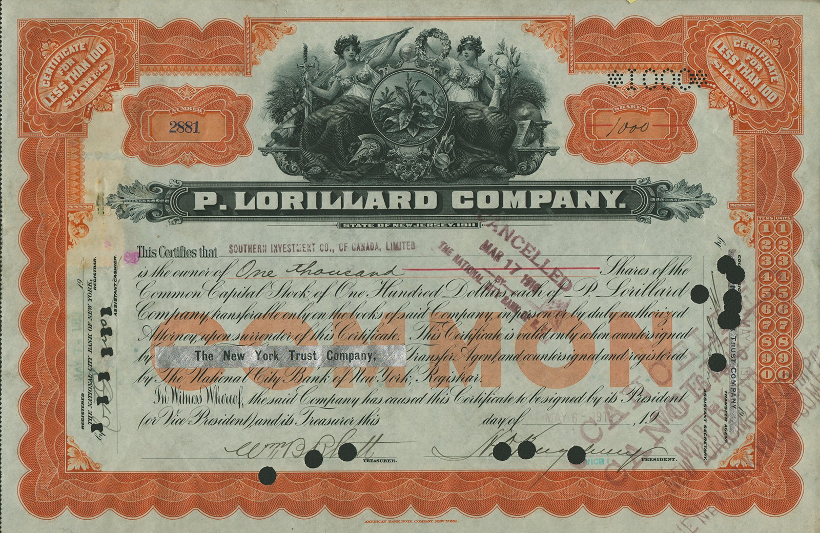 JAMES BUCHANAN DUKE - STOCK CERTIFICATE SIGNED 02/16/1916 JAMES BUCHANAN DUKE - STOCK CERTIFICATE SIGNED 02/16/1916