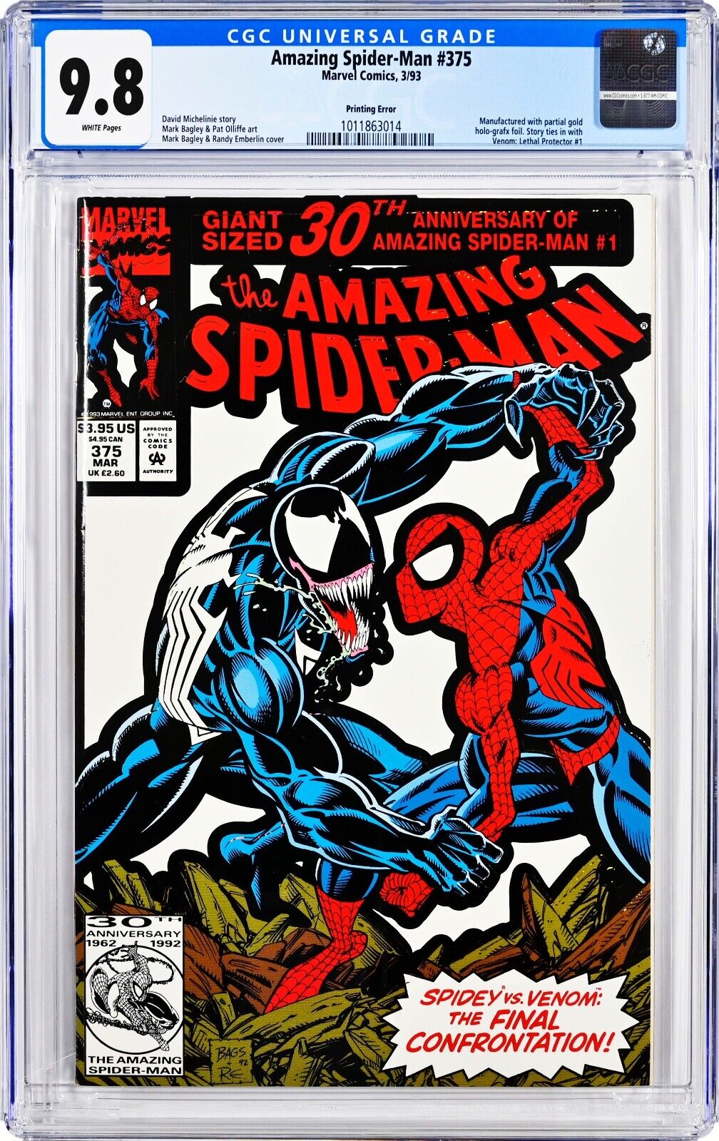 Amazing Spider-Man #375 CGC 9.8 White Printing Error Venom LP Tie IN CRAZY RARE