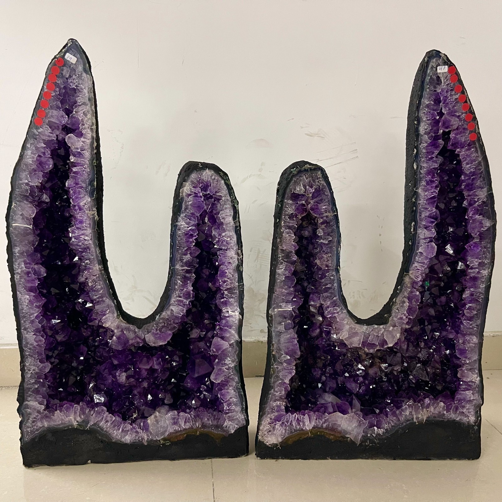 189.2LB TOP A pair Natural amethyst geode quartz crystal Double peaks cathedral