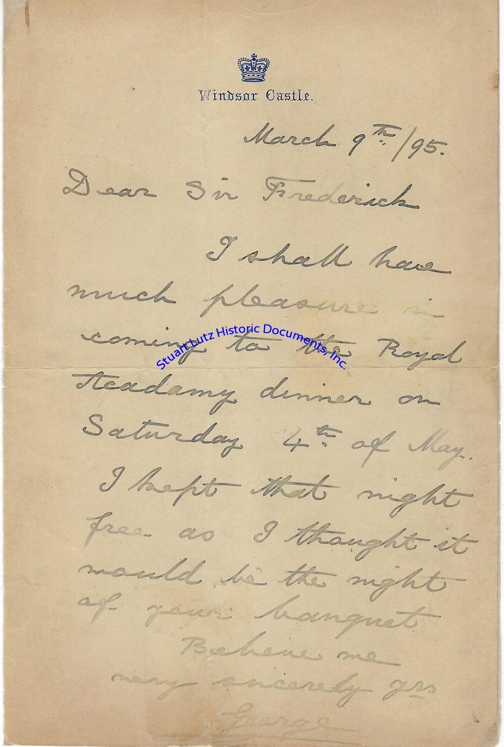 King George V signed & handwritten letter re Royal Academy Dinner 1895