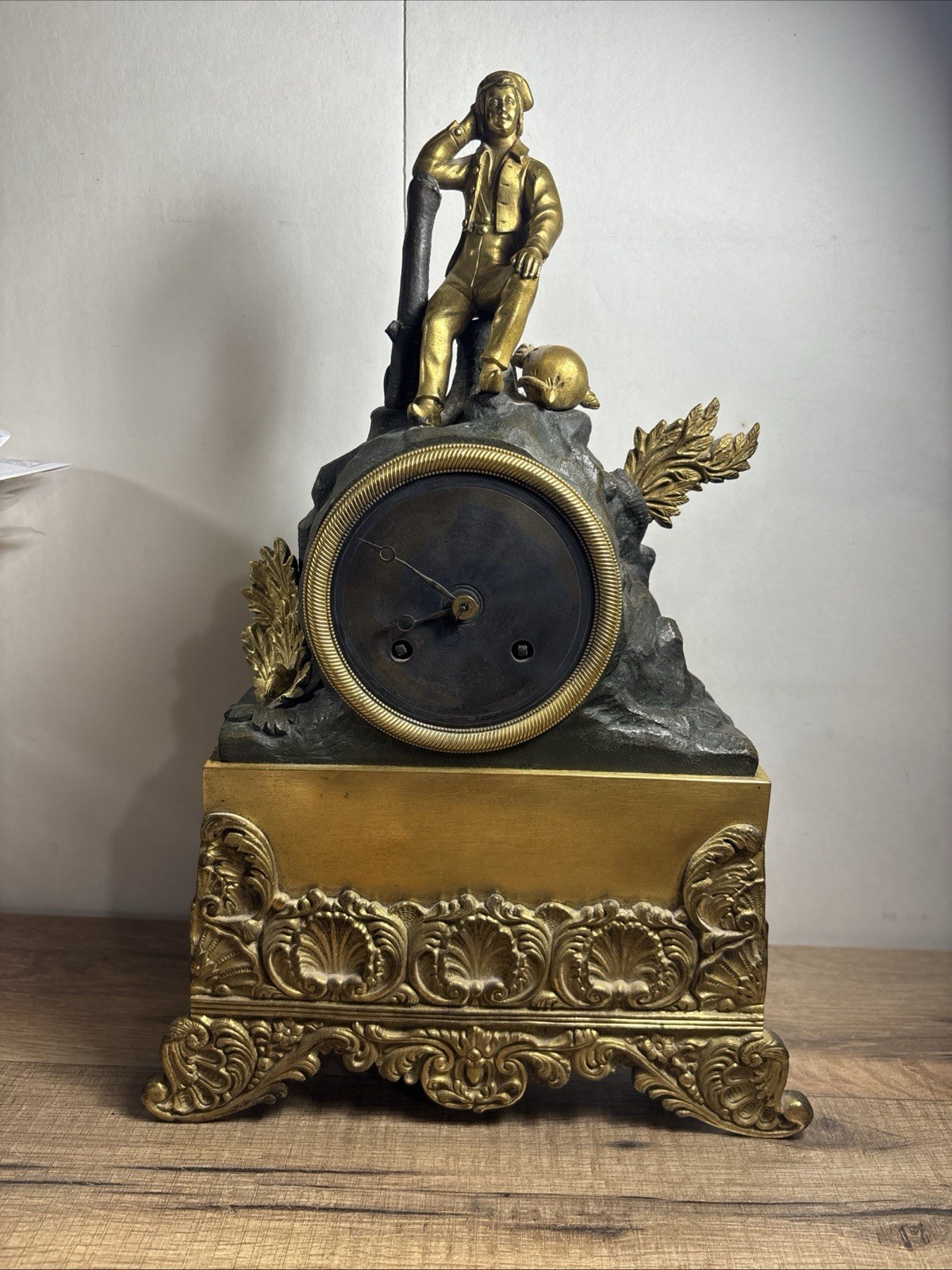 Beautiful 19th Century Early French Bronze Gilt Mantle Clock Poet Hunter Beggar