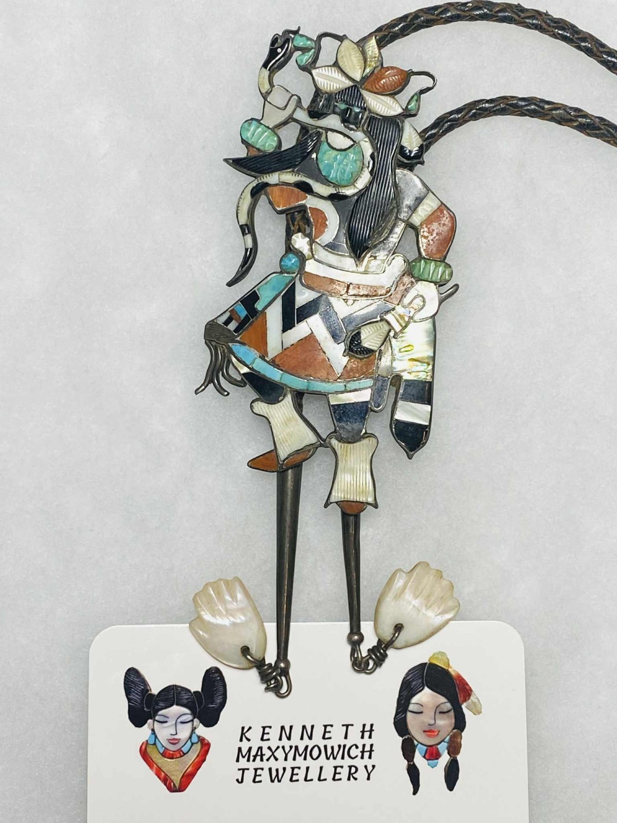Native American Rare Vintage Zuni Leo Poblano Snake Dancer Kachina Bolo Tie