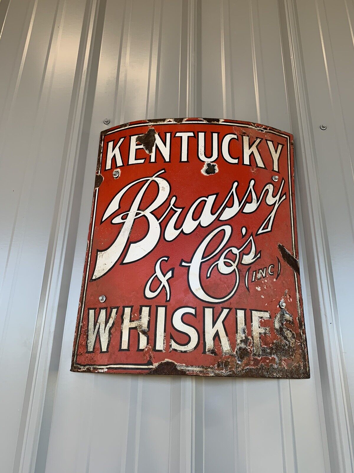 VERY ULTRA RARE PRE-PRO 1910 KENTUCKY Brassy & Co. Whiskies Curve Porcelain Sign