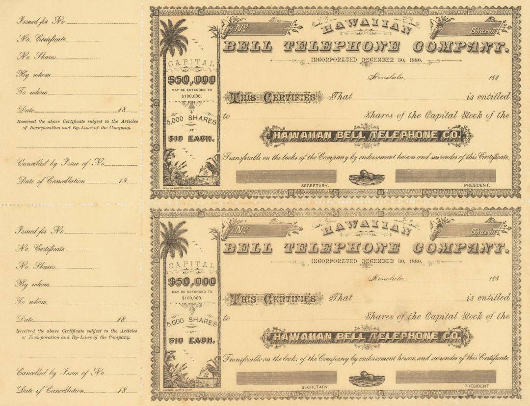 Hawaiian Bell Telephone Company - Known Now as Hawaiian Telcom - 1880's dated Hawaiian Bell Telephone Company - Known Now as Hawaiian Telcom - 1880's dated