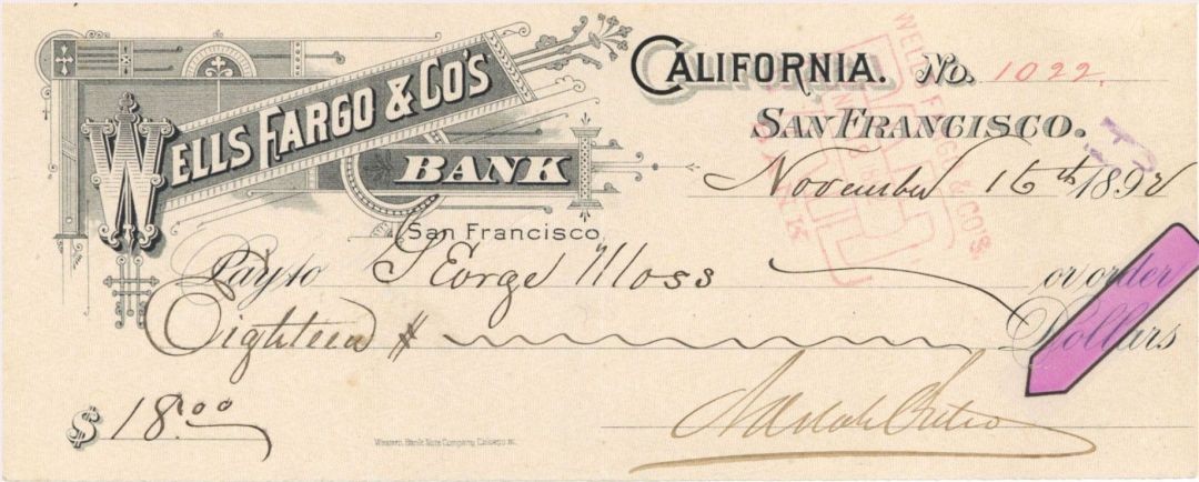 Check signed by Adolph Sutro - 1892 dated Autograph - From Sutro Tunnel Fame - Check signed by Adolph Sutro - 1892 dated Autograph - From Sutro Tunnel Fame -