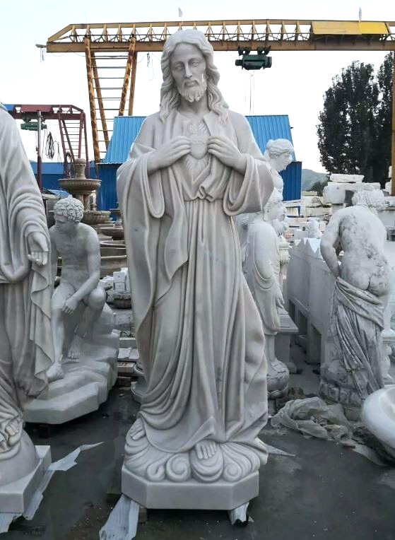Nice Life Size Carved Marble Statue of The Sacred Heart of Jesus, 92 Nice Life Size Carved Marble Statue of The Sacred Heart of Jesus, 92