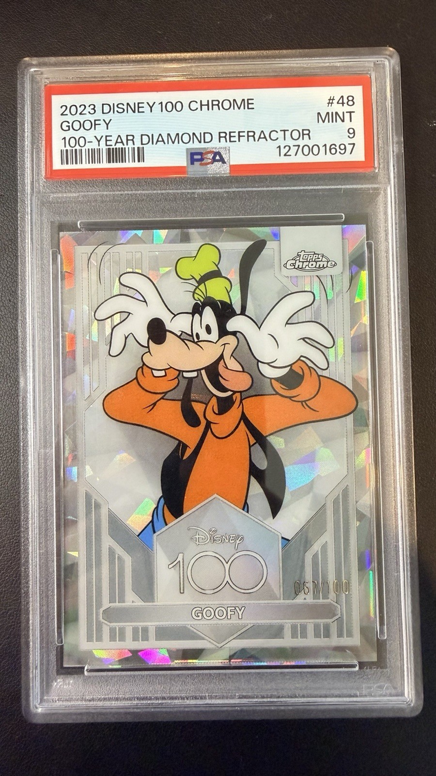 Goofy - 2023 Topps Chrome Disney 100 #48 100-Year Diamond Refractor /100 psa 9 Goofy - 2023 Topps Chrome Disney 100 #48 100-Year Diamond Refractor /100 psa 9