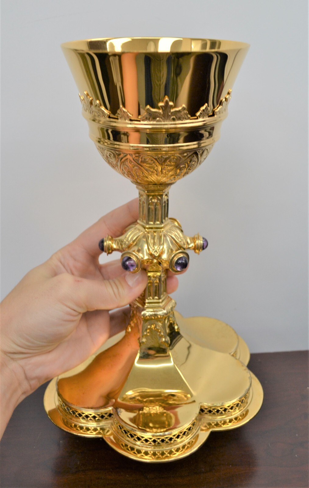 Nice Older Antique Sterling Silver Chalice, St. Gabriel w/ Purple Stones (#7027)