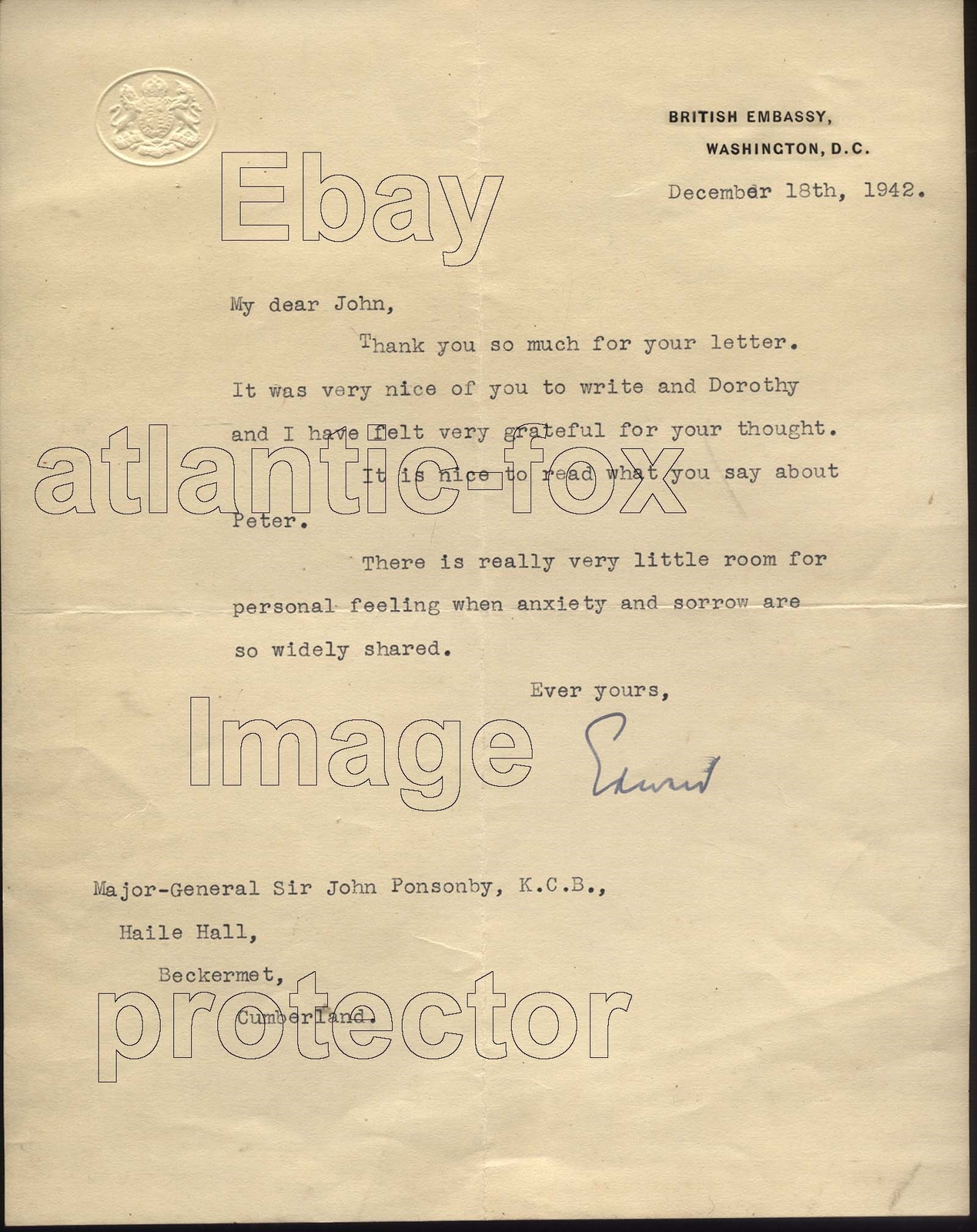 1942 Edward, Earl of Halifax, BRITISH EMBASSY-WASHINGTON Death of his Son Peter 1942 Edward, Earl of Halifax, BRITISH EMBASSY-WASHINGTON Death of his Son Peter