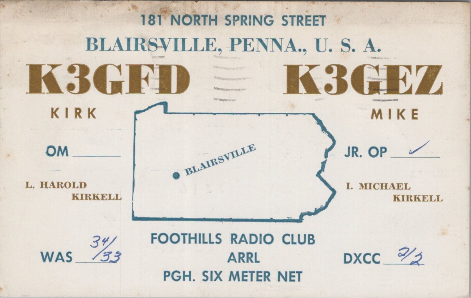 QSL postcard K3GFD K3GEZ L Harold Michael Kirkell 1961 Blairsville Pennsylvania QSL postcard K3GFD K3GEZ L Harold Michael Kirkell 1961 Blairsville Pennsylvania