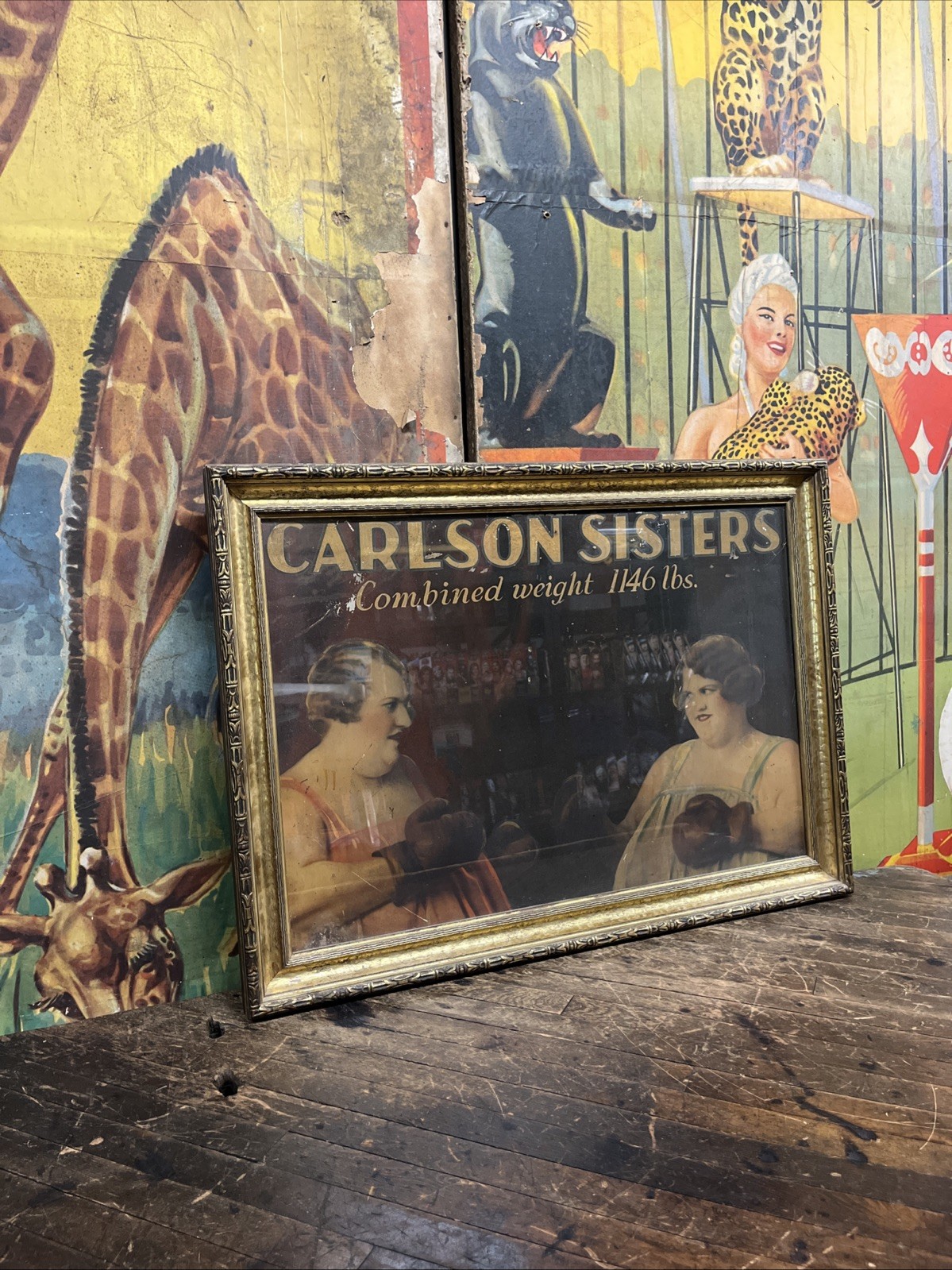 C. 1929 CARLSON SISTERS SIDESHOW ORIGINAL PAINTING SIGN CARNIVAL CIRCUS BOXING C. 1929 CARLSON SISTERS SIDESHOW ORIGINAL PAINTING SIGN CARNIVAL CIRCUS BOXING
