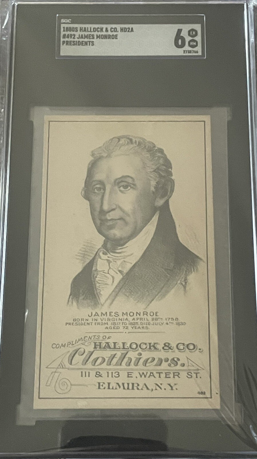 š„SGC 6 Highestš„James Monroe Hd2a 1880's USA President Card - Hallock & Co š„SGC 6 Highestš„James Monroe Hd2a 1880's USA President Card - Hallock & Co