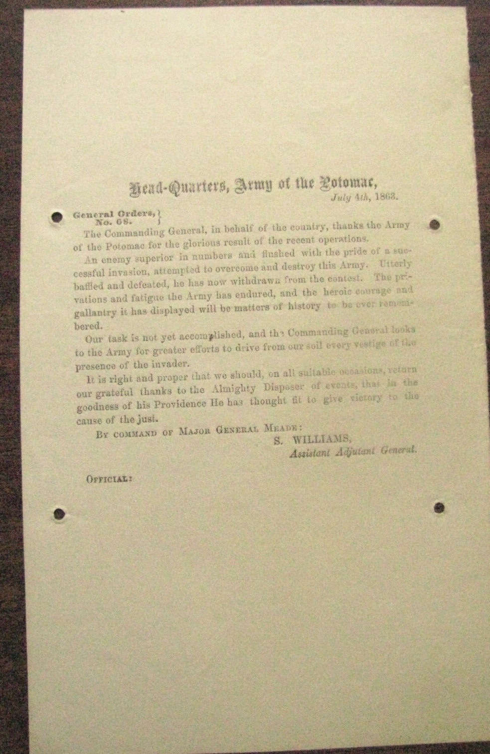CIVIL WAR BATTLE OF GETTYSBURG ARMY THE POTOMAC  JULY 4 1863  VICTORY  ORDER