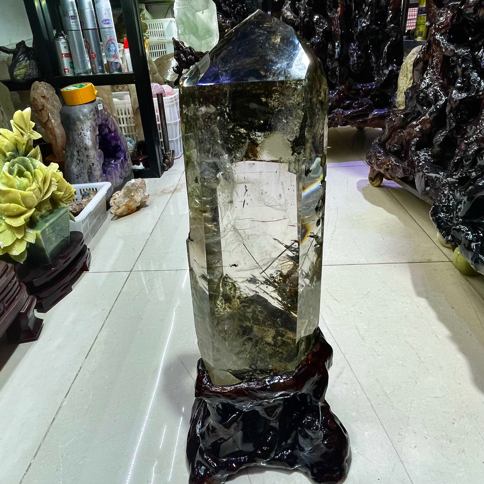 28LB rare!natural Green epidote tourmaline clear quartz crystal obelisk+stand 28LB rare!natural Green epidote tourmaline clear quartz crystal obelisk+stand