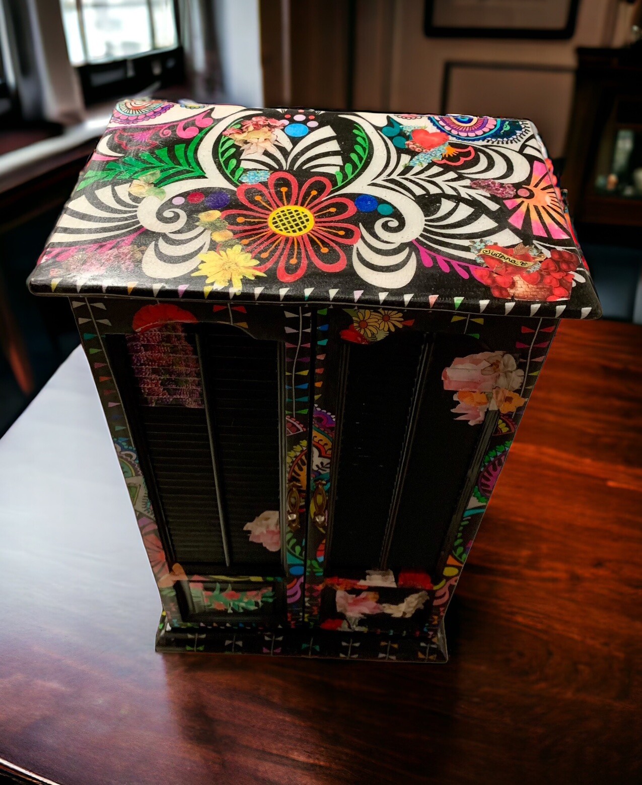 Handcrafted Artisan Jewelry Box, Colorful Mandala Style, Black, Red Velvet Lined Handcrafted Artisan Jewelry Box, Colorful Mandala Style, Black, Red Velvet Lined