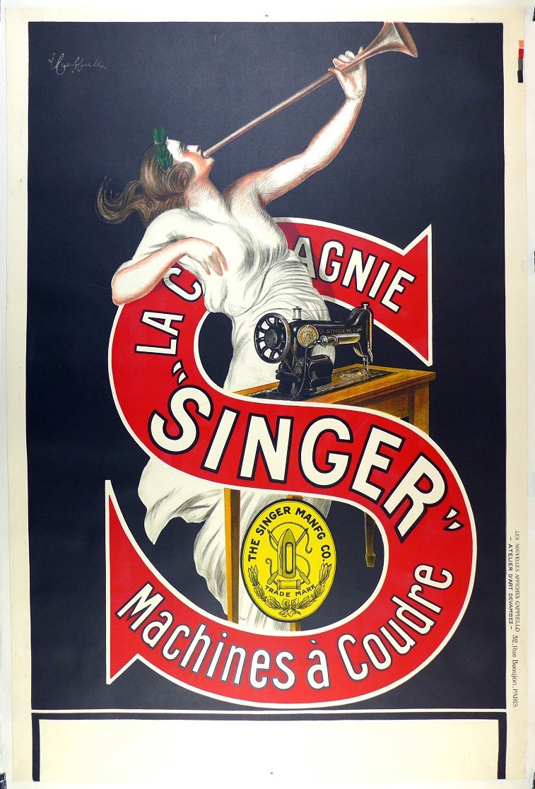 Singer sewing machine poster designed & printed by Cappiello ORIGINAL, linen mtd Singer sewing machine poster designed & printed by Cappiello ORIGINAL, linen mtd
