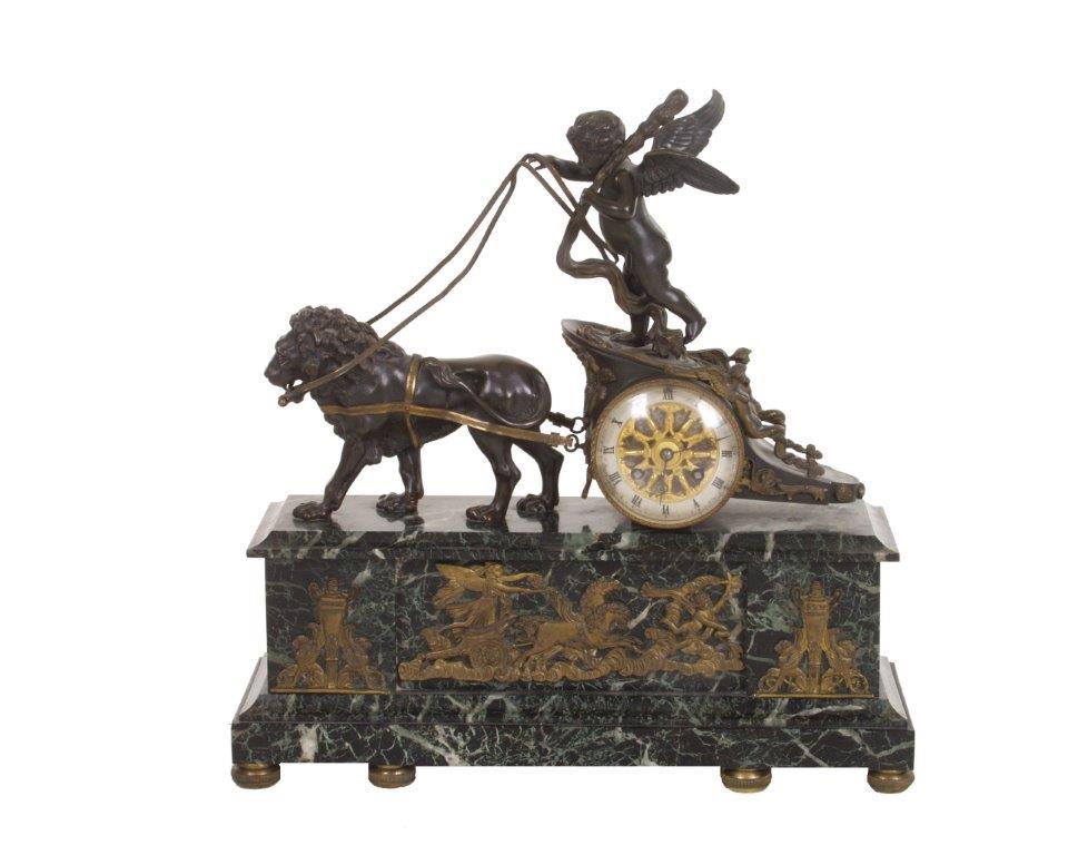 French Chariot Mantel Clock Directoire/ Empire Period 1795-1820 VERDE ANTICO