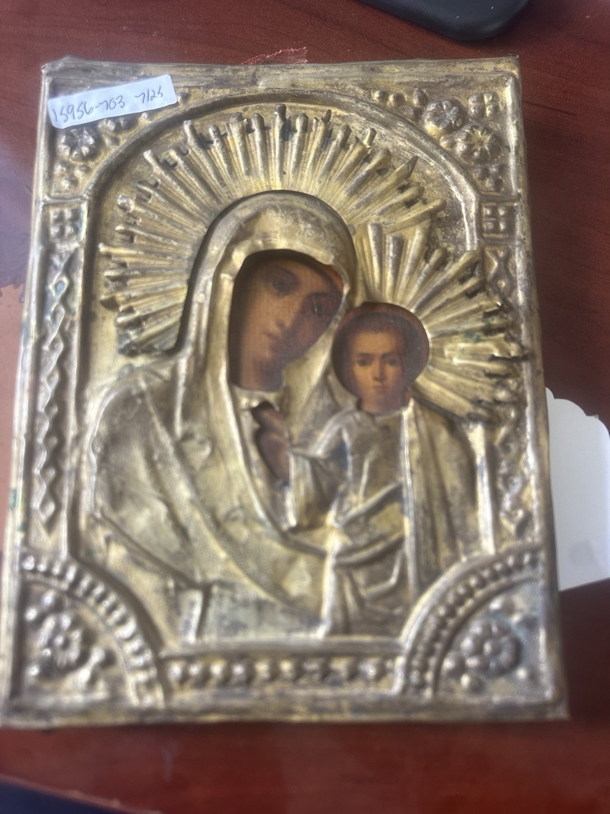 RUSSIAN ICON OF MADONNA AND CHILD IN METAL OKLAD