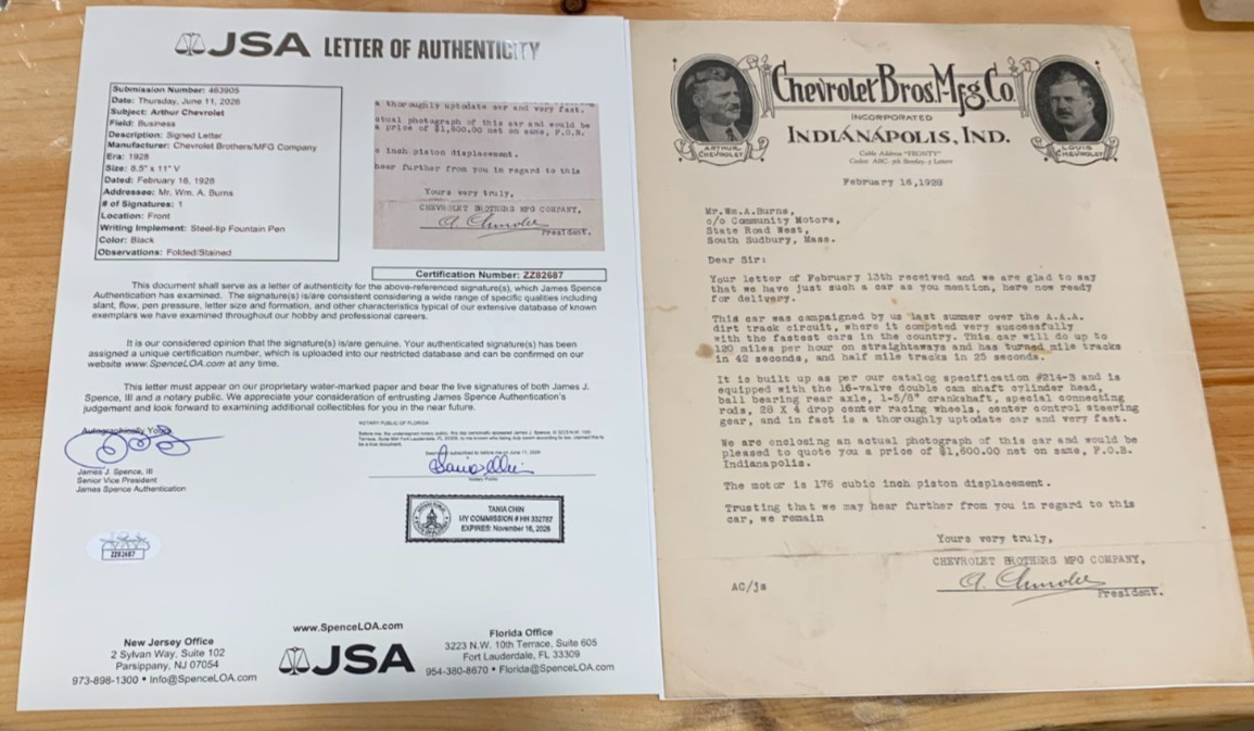 Very Rare 1928 Arthur Chevrolet Signed Race Car Letter Chevrolet Brothers JSA
