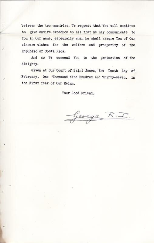 KING GEORGE VI (GREAT BRITAIN) - TYPED LETTER SIGNED 02/10/1937