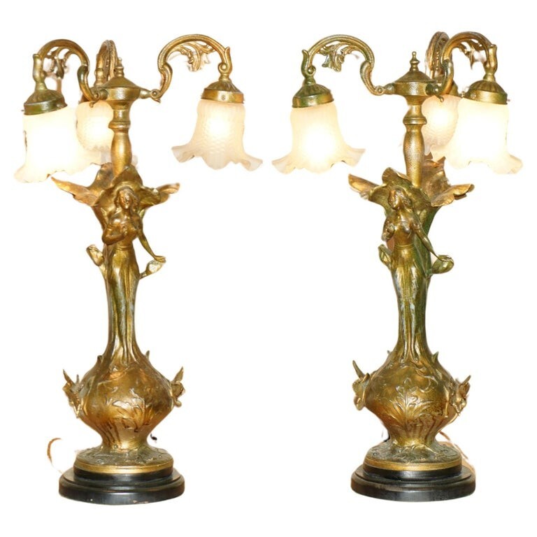 STUNNING PAIR OF LARGE VINTAGE ART NOUVEAU BRONZED THREE BRANCH TABLE LAMPS STUNNING PAIR OF LARGE VINTAGE ART NOUVEAU BRONZED THREE BRANCH TABLE LAMPS
