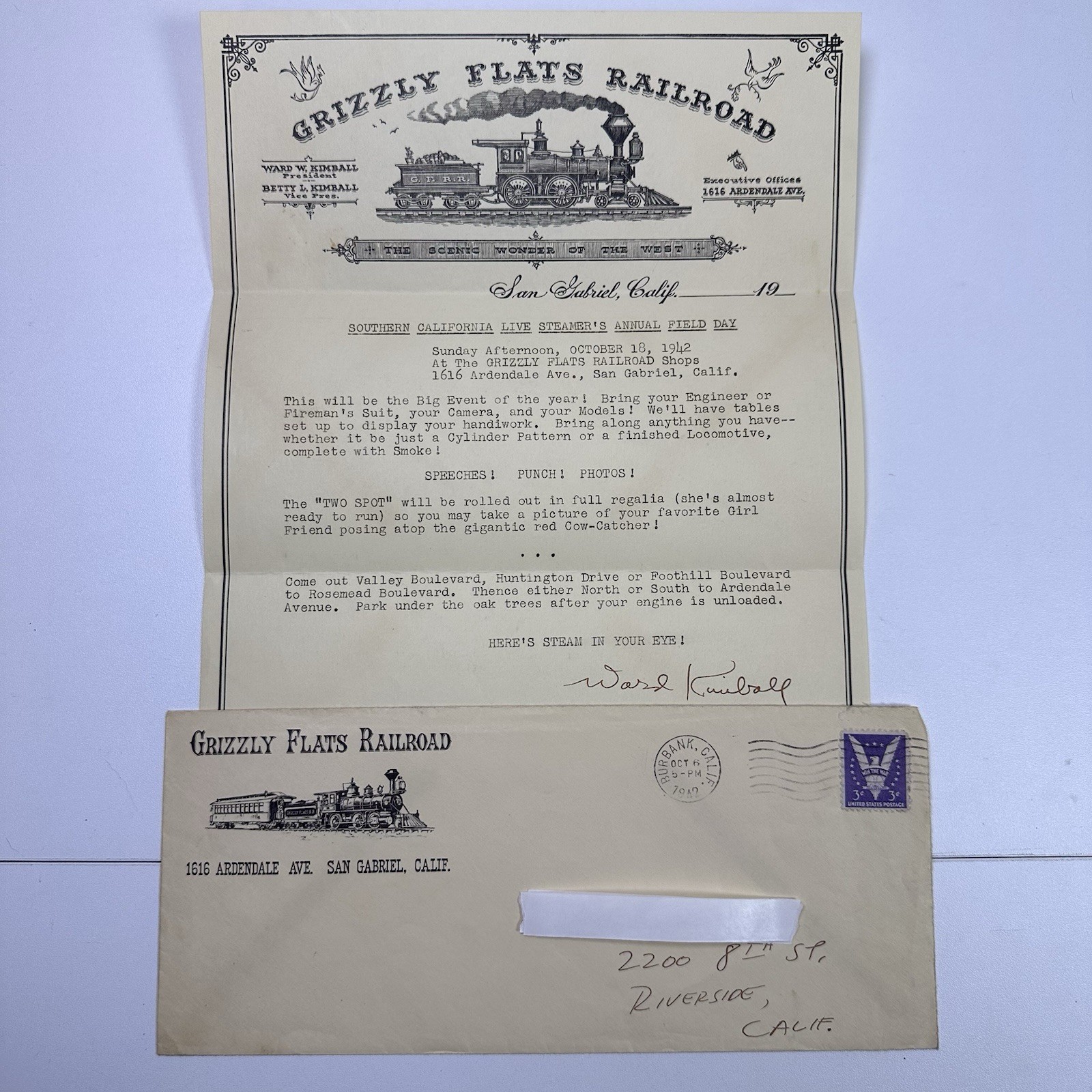 1942 Grizzly Flats Railroad Ward Kimball Signed Inaugural Year Guest Letter 1942 Grizzly Flats Railroad Ward Kimball Signed Inaugural Year Guest Letter