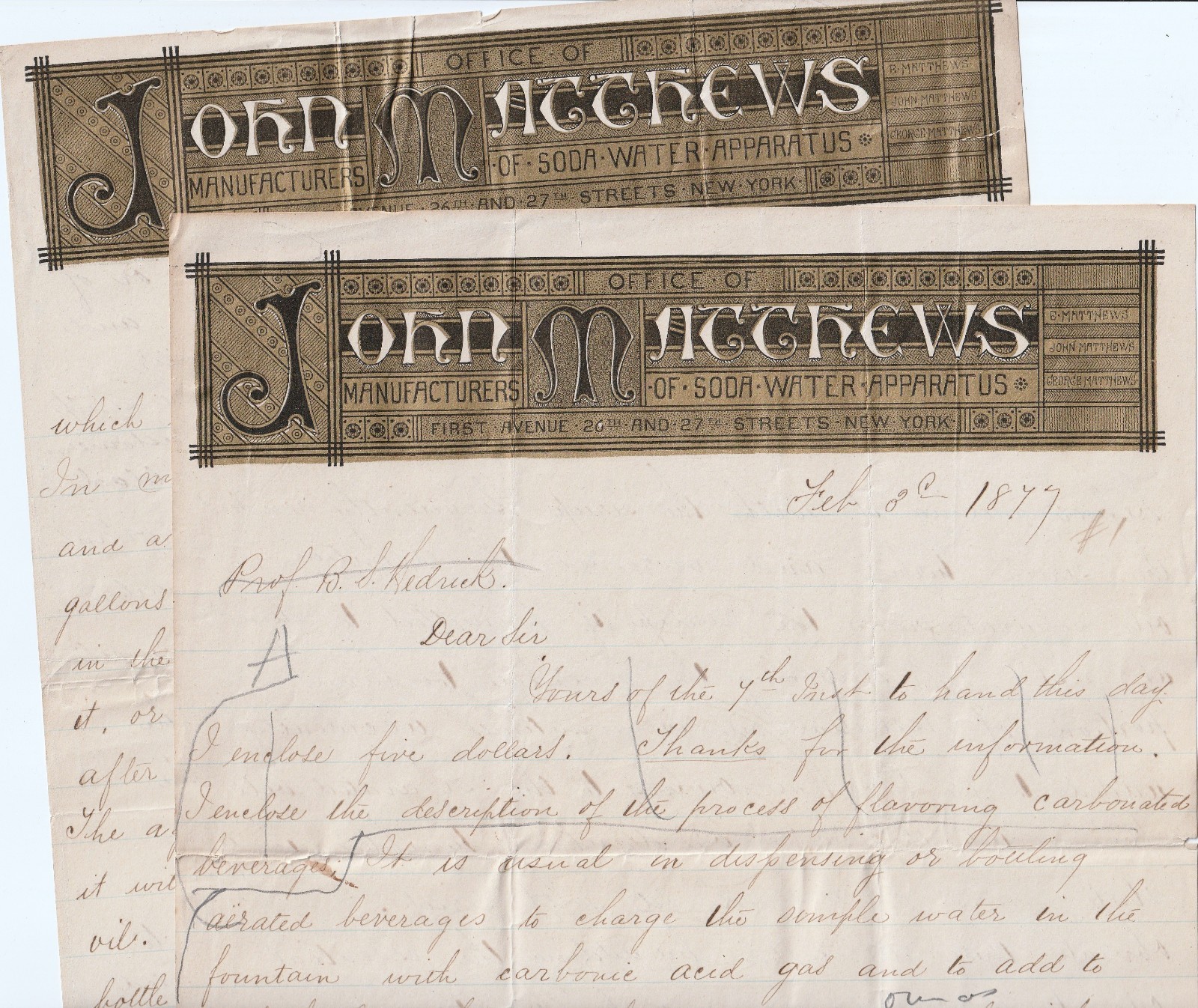 RARE Autograph Letter Signed - 4pgs- John Matthews Soda Water Apparatus NY 1877 RARE Autograph Letter Signed - 4pgs- John Matthews Soda Water Apparatus NY 1877